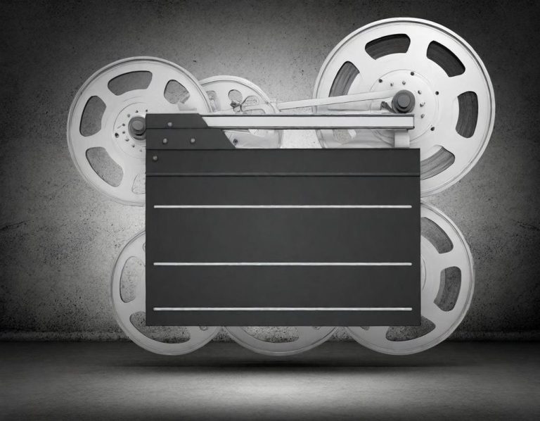 Ein Filmklappe vor Filmrollen auf einer grauen Wand.