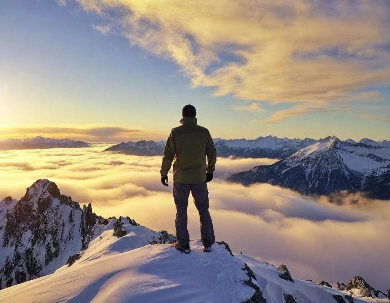 Mann steht auf einem Berggipfel und blickt auf eine Wolkendecke bei Sonnenuntergang.