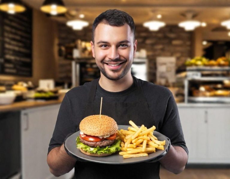 Lächelnder Mann hält einen Hamburger mit Pommes auf einem Teller in einem Restaurant.
