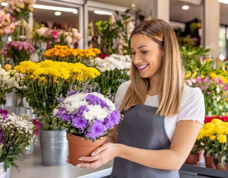 Junge Frau hält einen Topf mit bunten Blumen in einem Blumenladen.